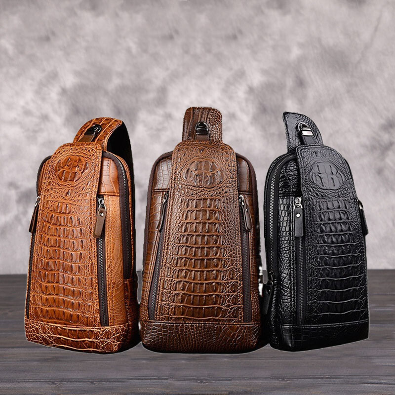 Men's Leather Crocodile Pattern Chest Bag Sling Backpack Crossbody Travel  Bag