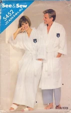 See & Sew 5452 ~ UNISEX ROBE:  Loose-Fitting, Slightly A-Line Pattern ~ XS-XL