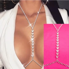 Rhinestone Crystal Heart Body Chain Necklace Bra Harness Belly Waist Belt SEXY!!