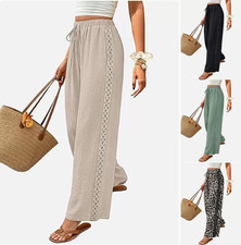 Casual Women Loose Wide Leg Pants Drawstring Waist Side Lace Trim Pocket Summer