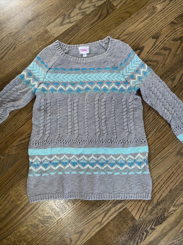 Justice Girls 12 gray blue white fancy Knit Long Sweater 