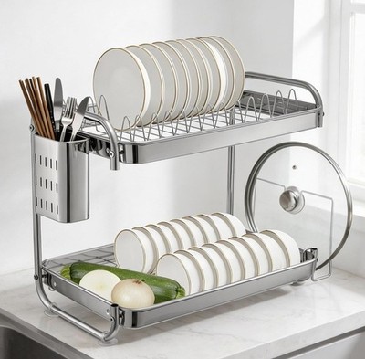 2 Ebenen Abtropfgestell Platzsparend Küche Organizer mit Utensilienhalter