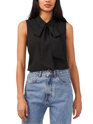 CeCe Black Sleeveless Georgette Bow Tie Neck Button Up Collared Blouse XS NWT