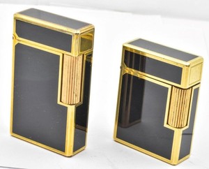Pair large & small Dupont Laque de Chine Black Lacquer Chinese Letters Lighter