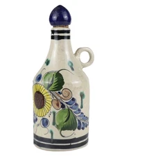 Vintage Tonalá Mexico Pottery Bottle – Hand-Painted Sunflower – 8.25"H – Signed