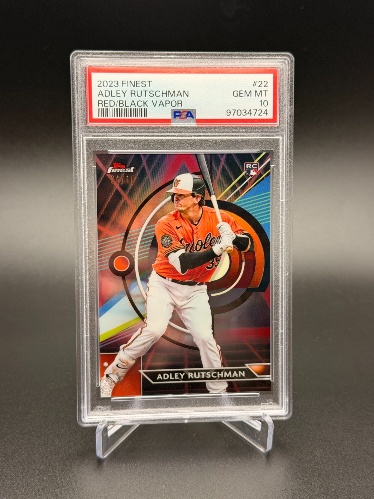2023 TOPPS FINEST ADLEY RUTSCHMAN RC /10 #22 RED/BLACK VAPOR REFRACTOR PSA 10