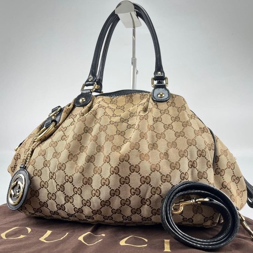Gucci Sukey GG Canvas Brown Shoulder Bag Tote Handbag w Strap Auth