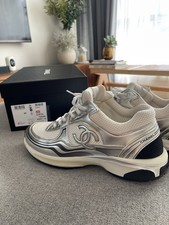 CHANEL CC Logo Sneakers White Silver Size 44 G39794 Trainers Box Receipt