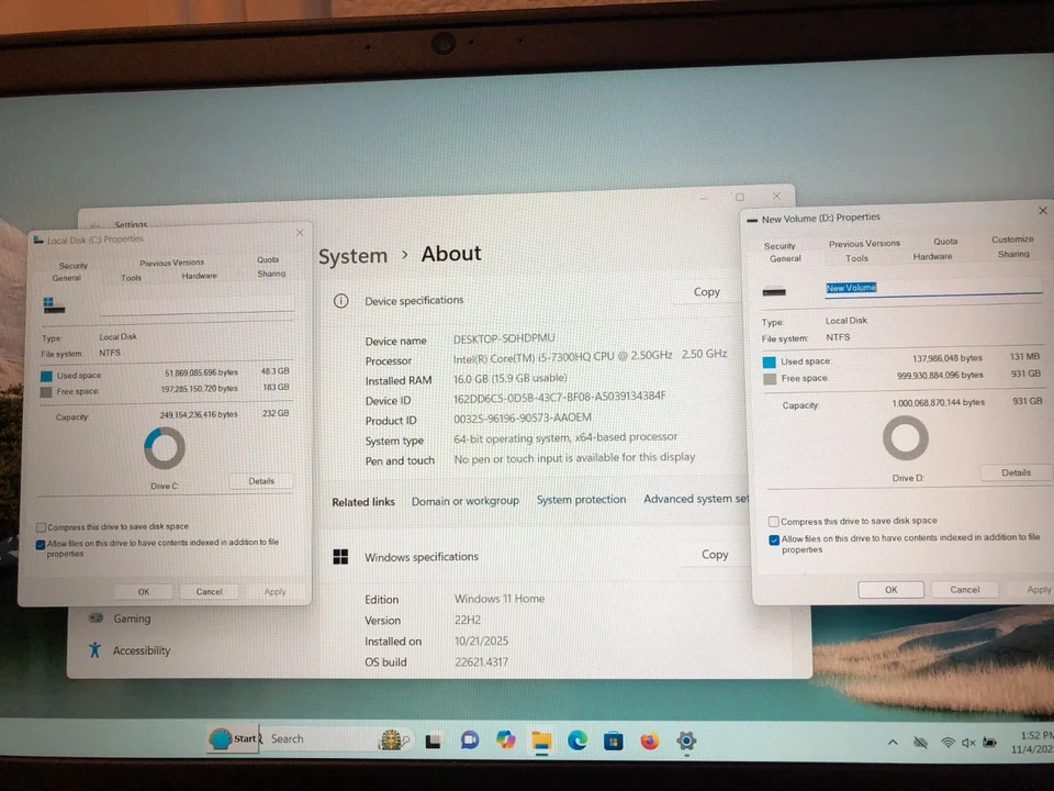 Dell Inspiron 15 7000 i5-7300HQ 16GB 256GB NVME 1TB HDD GTX 1060 Win 11  Laptop - Image 4 of 4