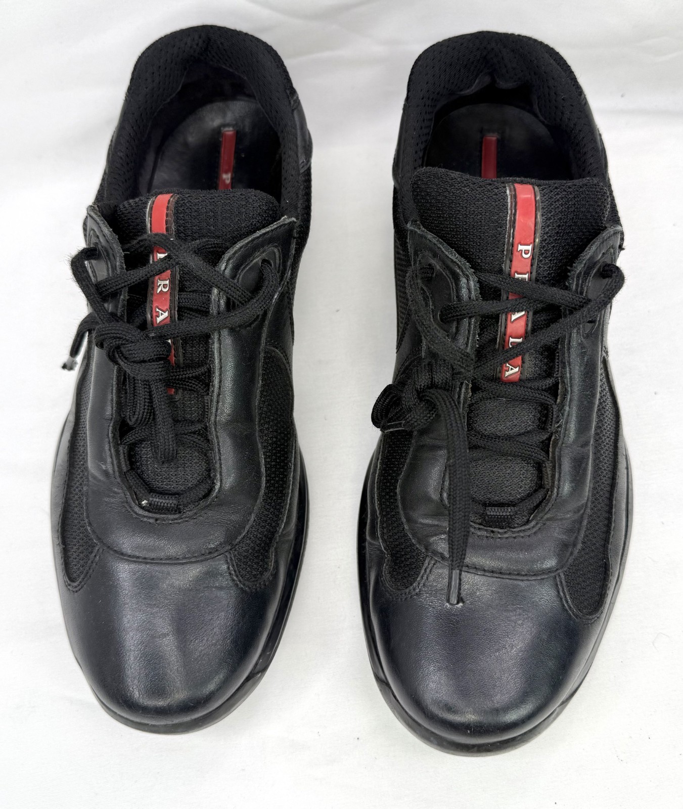 Prada Americas Cup Original Sneakers Black Leather Bike Fabric PS 0906 Men's 9.5