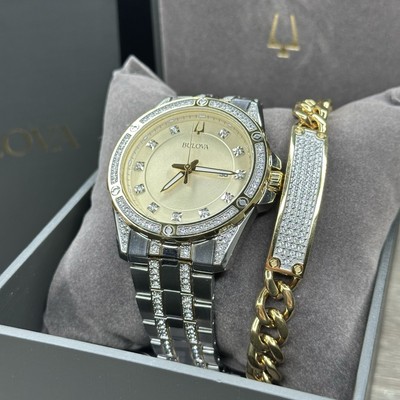 NEW✓ GIFT SET✓ Bulova Crystal Two-Tone Men's Steel Watch 98K106