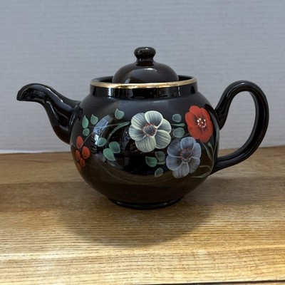 Vintage Alcock, Lindley & Bloore  Brown Betty  Style Teapot With Painted Flowers