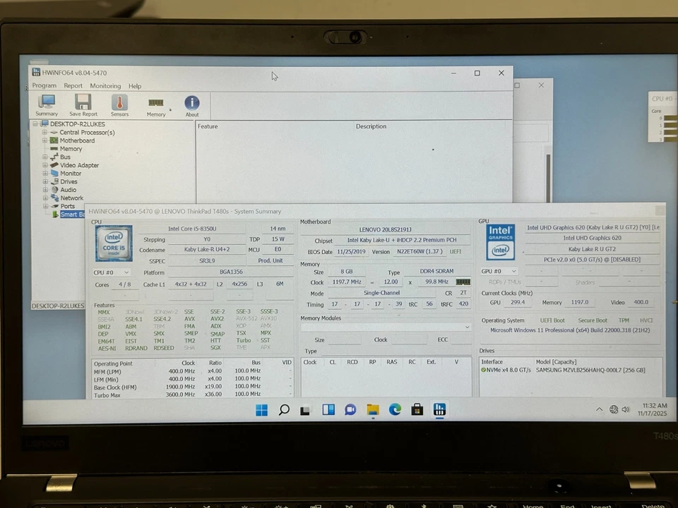 Lenovo Thinkpad t480s i5 8350 8GB RAM 256GGB SSD Win11 SIN BATERÍA/AC #04 Foto 2 de 4