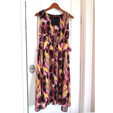 Terra Sky Painterly Abstract Floral Peplum Midi Dress Sz 0X 14W Artsy Feminine
