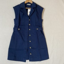 NWT BLUE B. Women Dress Size Large Navy Cotton Stretch Button Up Sleeveless NEW