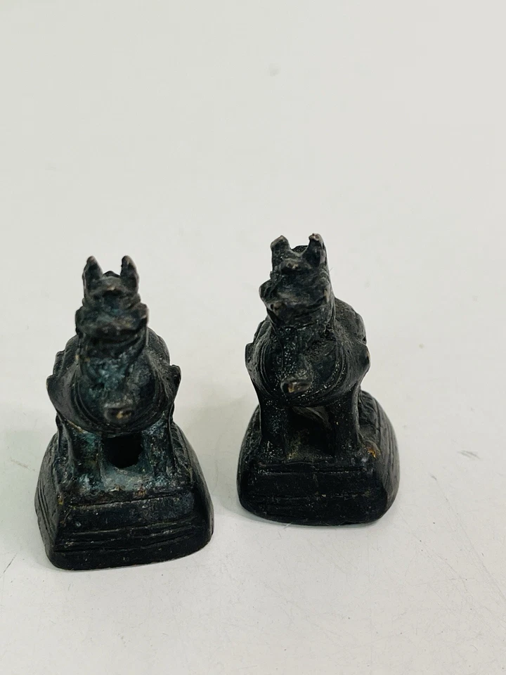 Pair of Antique Mini Miniature Brass Patina Foo Dogs - Image 3 of 4