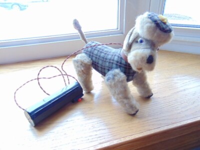 1950s Battery Toy- White Poodle in Tartan w/ Tam- Working-
