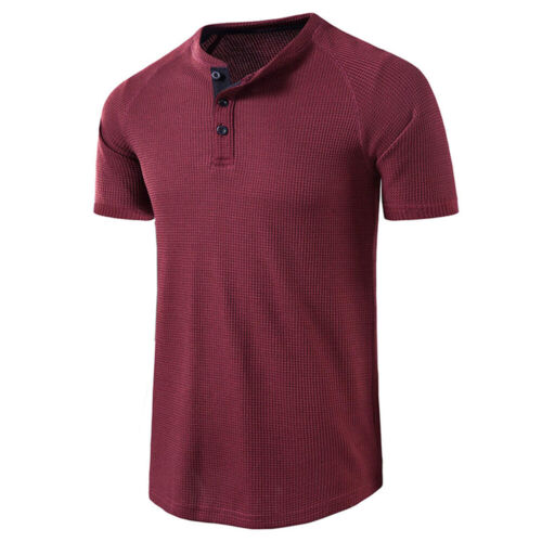 Mens Henley Shirts Short Sleeve Ribbed Buttons Grandad Casual T Shirt Tops Tee - Picture 19 of 26