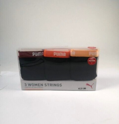 Puma Damen ICONIC String Tanga Thong 3er Pack 95% Baumwolle Black/Red/Orange (52