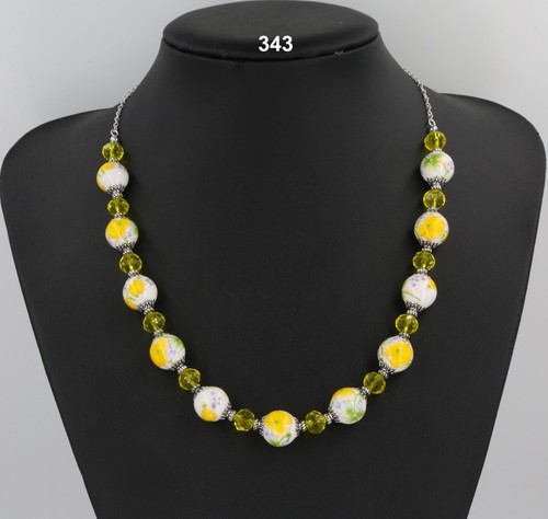 Yellow floral porcelain bead glass crystal chain necklace matching earrings set - 第 1/3 張圖片