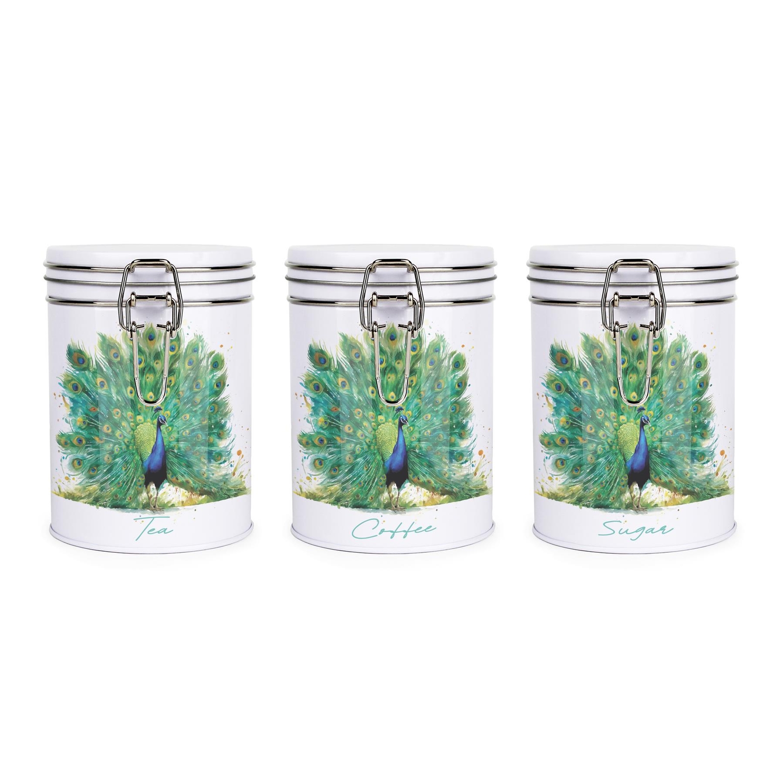 Purely Home Peacock Hot Drinks Canisters Set - Tea, Coffee & Sugar Storage Tins