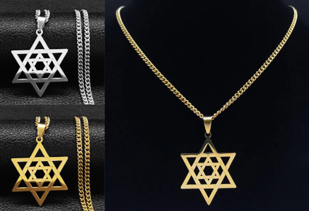 Double Star of David Hexagram Pendant Necklace with 60cm Stainless Steel Curb Chain-image