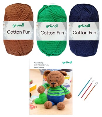 Gründl Cotton Fun SET 3 x Wolle und Anleitung Teddy Paul und 3'er Set Wollnadel