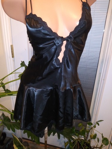 Vtg Satin Oily Frilly Wet Jet Black Ruffle Gown Babydoll Shorty Nightgown Gown S - 第 6/7 張圖片