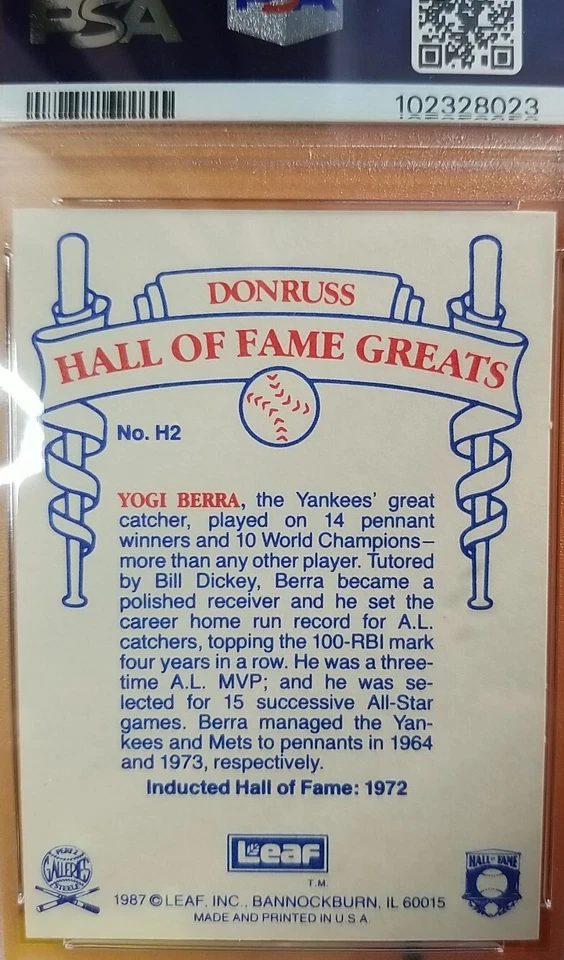 Leaf Candy City Team 1987 # H2 Yogi Berra PSA como nuevo 9 Pop 3 solo 1 patio superior Foto 3 de 3