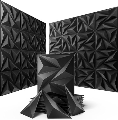 32 Pack 3D Pyramid Wall Panels - Charcoal Black PVC for Interior Decor