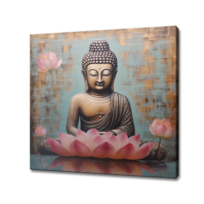 Meditating Calm Buddha Pink Lotus Flowers, Asian Wall Art Buddhist Canvas Print