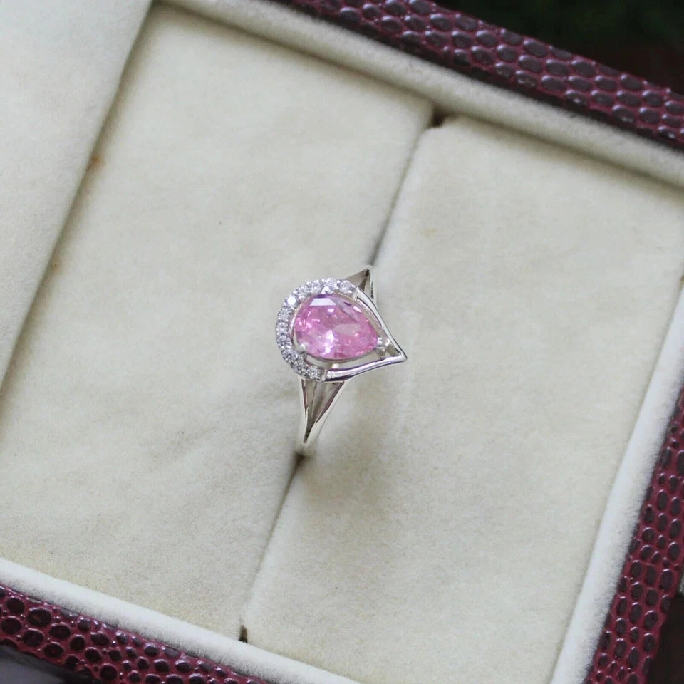Pear Cut Pink Sapphire Engagement Ring Women's Ring 925 Silver Lab-Created - image 2 of 4