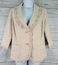 Kim Rogers Petite Small 100 Linen Blazer Beige Ruffle 2 Button Business Work