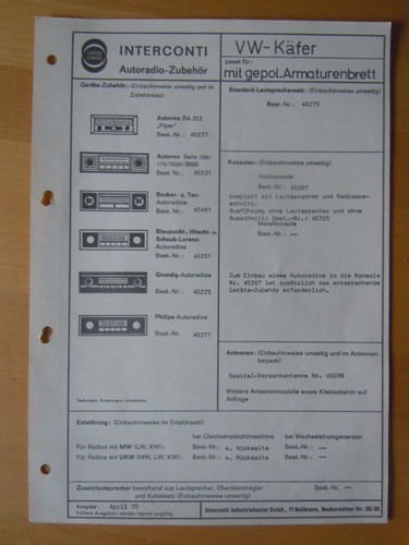 VW Käfer mit gepolstertem Aramaturenbrett EINBAUANLEITUNG  Autoradio 1970