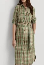 Ralph Lauren Womens size 2 Plaid Green Shirtdress Long sleeve Cotton Belted NWT