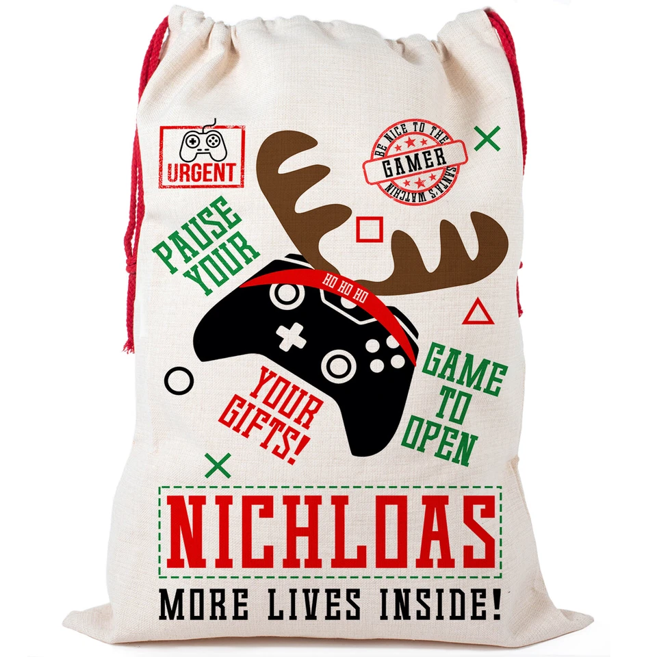 Personalised Gamer Christmas Sack Present Stocking Boys Gift Bag Santa Presents