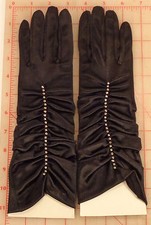 Black Stretch Satin Gloves Wedding Prom Garden Ruffled with Crystal Rhinestones