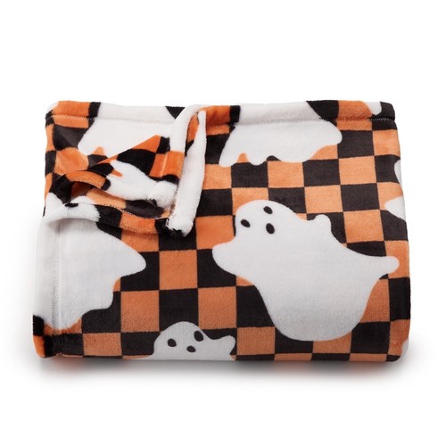 Autumn Fall 60"x72" Oversized Plush Throw Blanket Halloween Ghost Checkered NEW