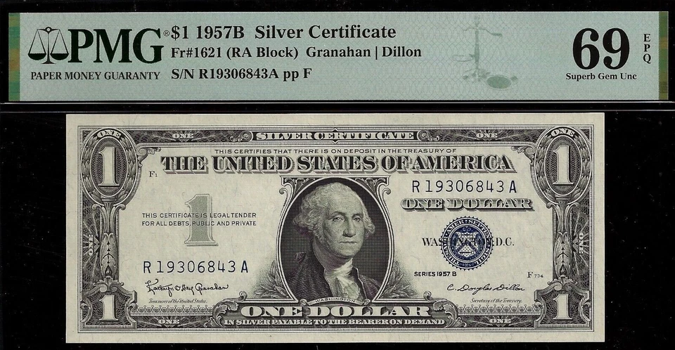 1957B $1 Silver Certificate PMG 69EPQ popular wanted high grade Fr 1621 - Image 2 of 3