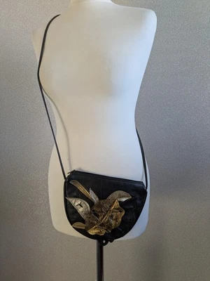 Vintage Handbag 1980s black leather crossbody bag decorative floral applique - Image 1 of 4