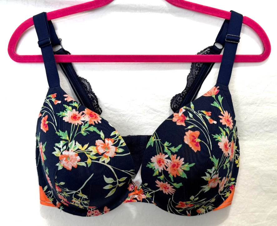 Cacique Size 38DDD Blue & Orange Floral Print Boost Plunge Padded Push Up Bra