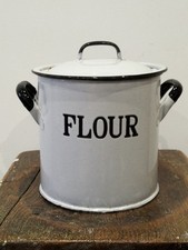 Vintage white and blue enamel flour bin