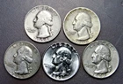 Lot of (5) Pre 1964 Washington Quarters  90% Silver 50S - 54D - 58D - 60D - 61D