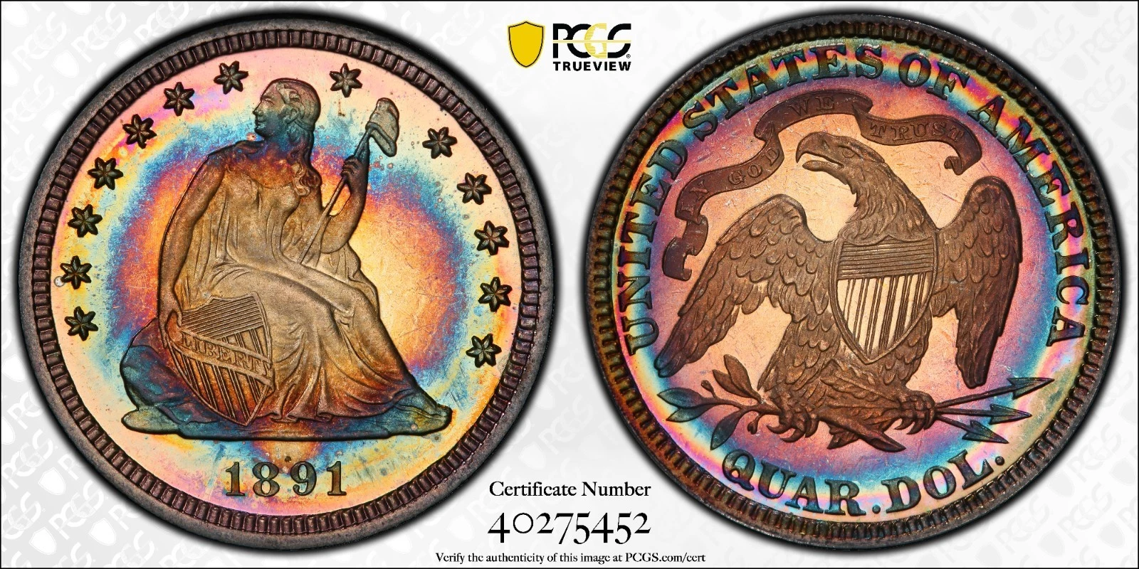 1891 25c🌈PCGS PR-68CAM🌈STUN NING RAINBOW TONED SUPERB+GEM SEATED LIBERTY PROOF