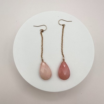 Vintage 90s Pink Quartz Teardrop Dangle Earrings Gold Tone Boho Chain Jewelry