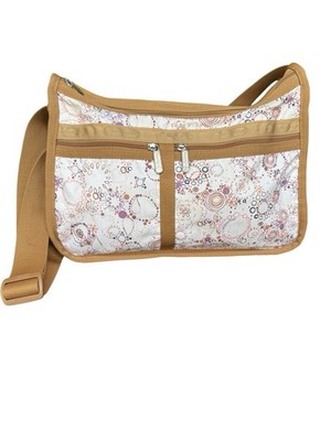 Le SportSac Deluxe Everyday Shoulder Crossbody Bag Tan And White W/ Print Detail