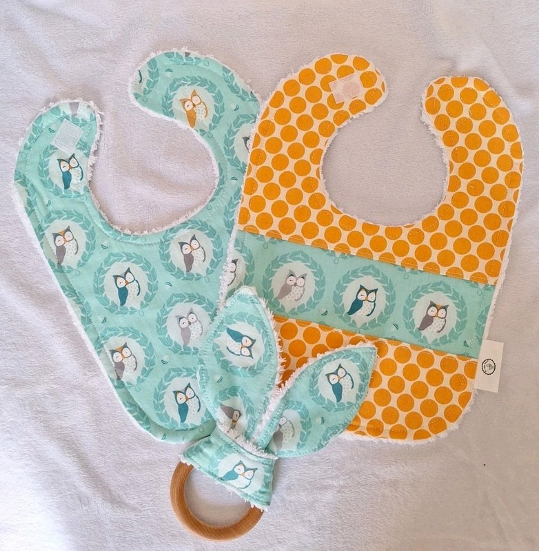 Boutique Baby Toddler Teal Owls Chenille Bibs, Teething Ring