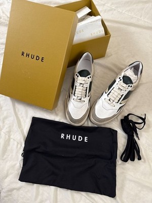 Rhude Racing  White/Green/Beige Mens Sz 10 Leather & Canvas Brand New AUTHENTIC