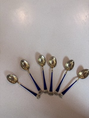 Set of 6 Blue Solid Metal Decorative Handle Gold Tone Bowl Spoons