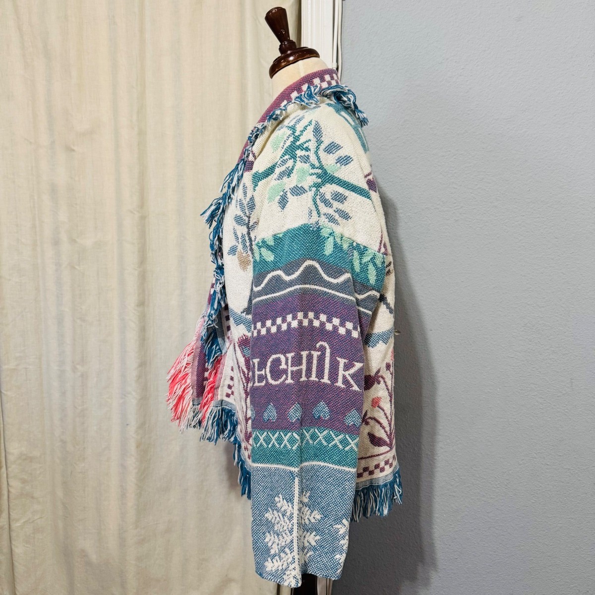 Crown Crafts Woven Tapestry Cardigan Sweater Fringe Floral Horse Carriage Cabin View 6